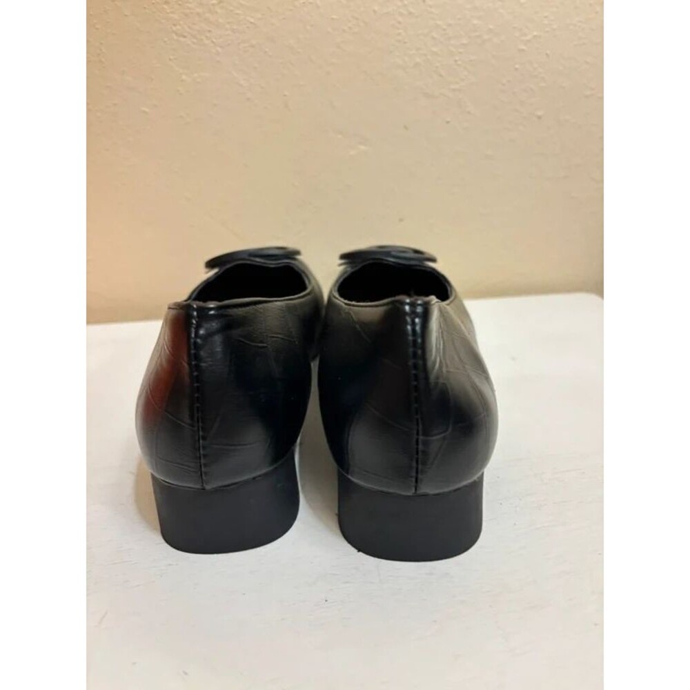 Women's Black Faux Croc Slip-On Flat Shoes with Double Ring Buckle Accent. - Picture 3 of 5